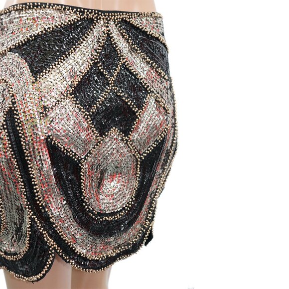 ENDLESS ROSE Black Silver Bronze Sequin Beaded ART DECO Geometric Mini Skirt L - Picture 6 of 6